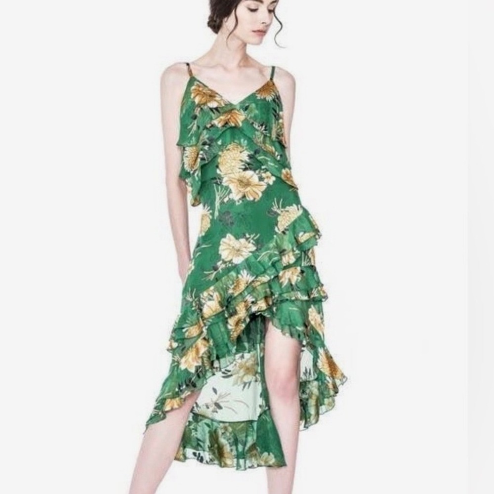 Alice + Olivia 2 piece Floral Tank & Ruffle High Low Silk Skirt Womens XS Green